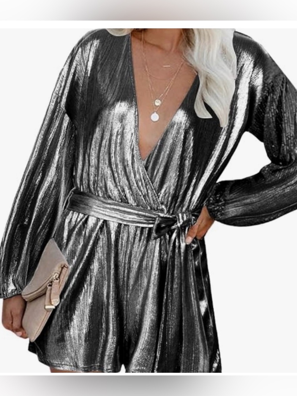 YOINS Metallic Silver Long Sleeve Wrap Romper